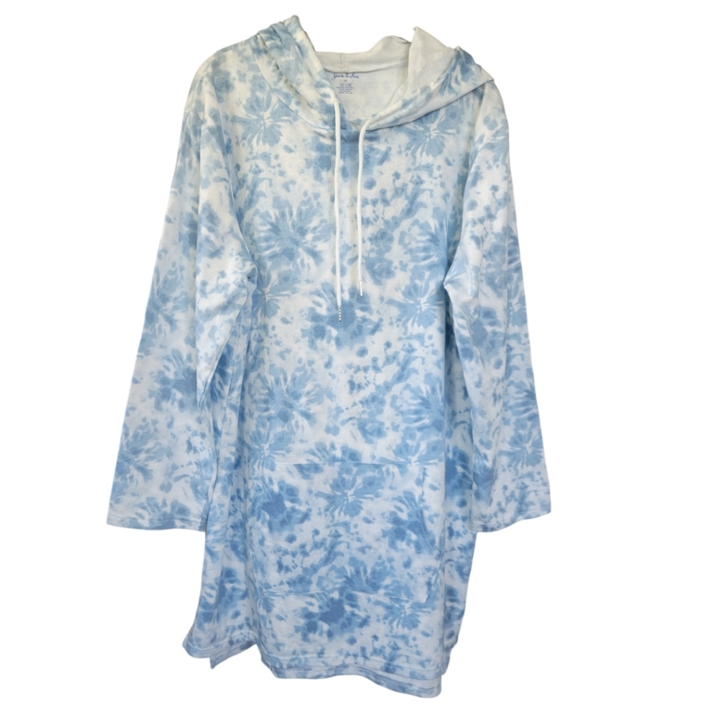 Yarn &‎ Sea Sz M Tie Dye Cotton Hoodie Dress Beach Cover Up Blue White Coastal